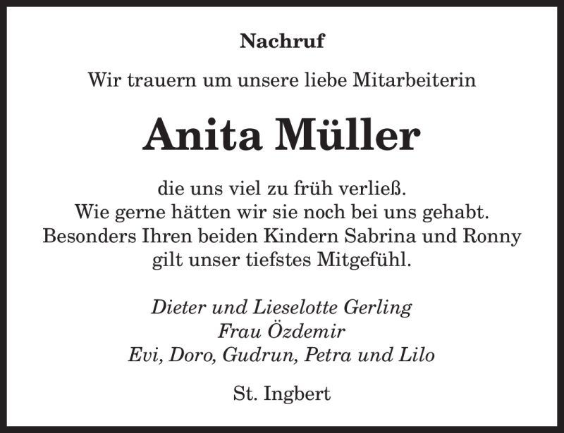  Traueranzeige für Anita Müller vom 05.01.2010 aus KREISZEITUNG SYKE