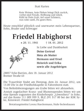 Traueranzeige von Friedel Habighorst von KREISZEITUNG SYKE