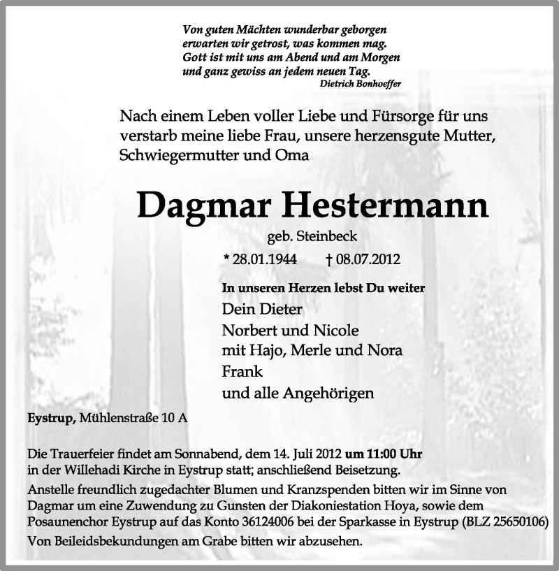  Traueranzeige für Dagmar Hestermann vom 10.07.2012 aus KREISZEITUNG SYKE