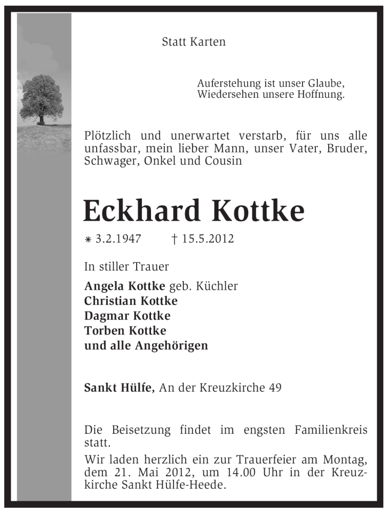  Traueranzeige für Eckhard Kottke vom 18.05.2012 aus KREISZEITUNG SYKE