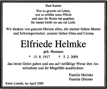 Traueranzeige von Elfriede Helmke von KREISZEITUNG SYKE