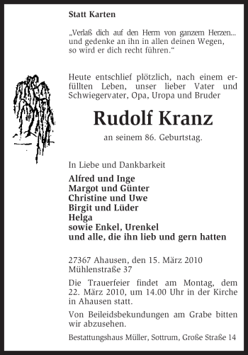 Traueranzeige von Rudolf Kranz von KREISZEITUNG SYKE