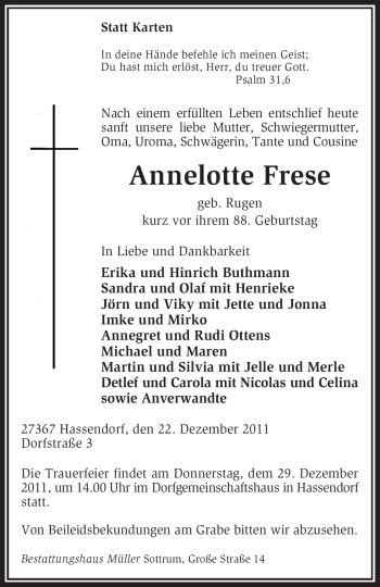 Traueranzeige von Annelotte Frese von KREISZEITUNG SYKE