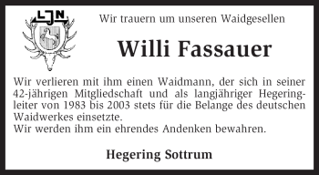 Traueranzeige von Willi Fassauer von KREISZEITUNG SYKE