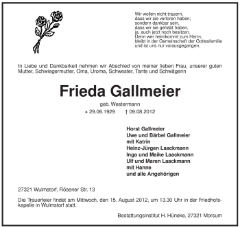 Traueranzeige von Frieda Gallmeier von KREISZEITUNG SYKE