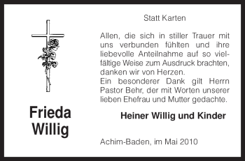 Traueranzeige von Frieda Willig von KREISZEITUNG SYKE