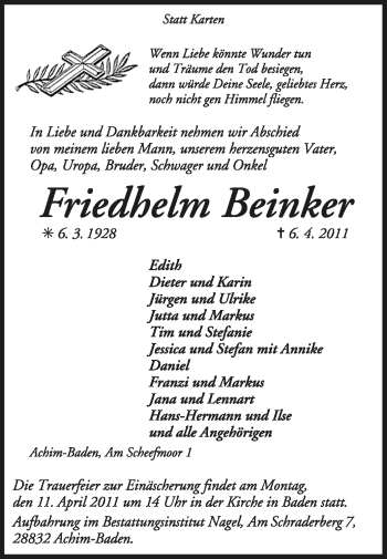 Traueranzeige von Friedhelm Beinker von KREISZEITUNG SYKE