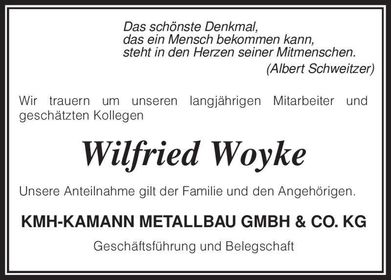  Traueranzeige für Wilfried Woyke vom 24.09.2009 aus KREISZEITUNG SYKE