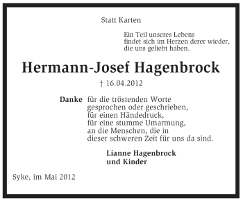 Traueranzeige von Hermann-Josef Hagenbrock von KREISZEITUNG SYKE