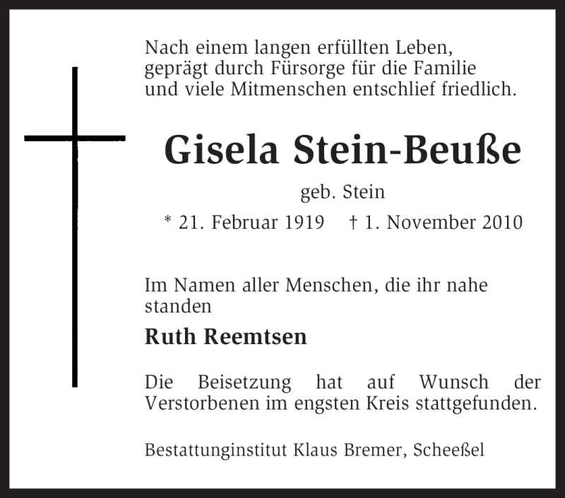  Traueranzeige für Gisela Stein-Beuße vom 20.11.2010 aus KREISZEITUNG SYKE