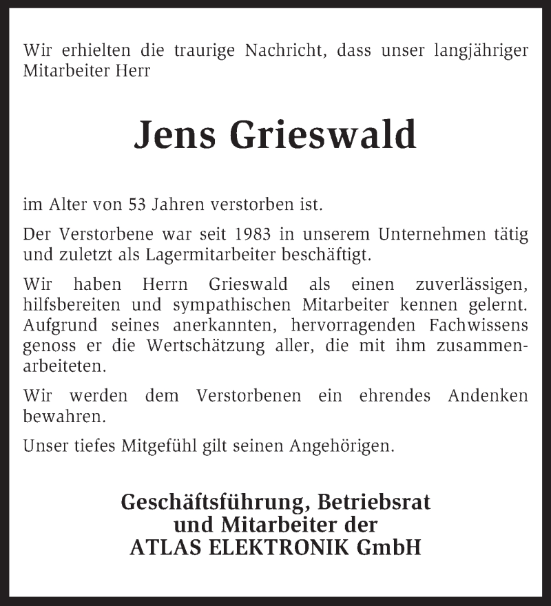  Traueranzeige für Jens Grieswald vom 05.02.2015 aus KRZ