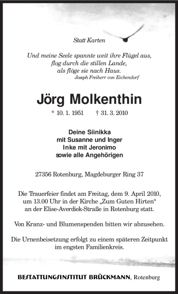 Traueranzeige von Jörg Molkenthin von KREISZEITUNG SYKE