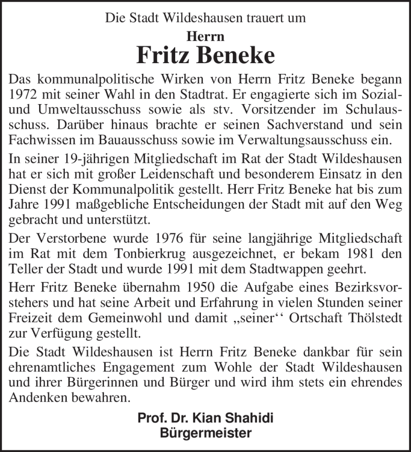  Traueranzeige für Fritz Beneke vom 28.12.2010 aus KREISZEITUNG SYKE