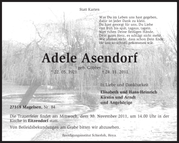 Traueranzeige von Adele Asendorf von KREISZEITUNG SYKE