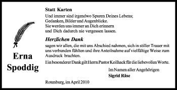 Traueranzeige von Erna Spoddig von KREISZEITUNG SYKE