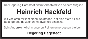 Traueranzeige von Heinrich Hackfeld von KREISZEITUNG SYKE