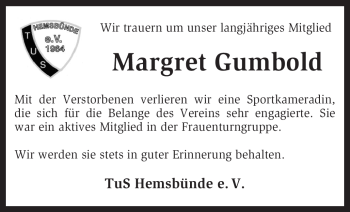 Traueranzeige von Margret Gumbold von KREISZEITUNG SYKE