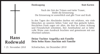 Traueranzeige von Hans Rodewald von KREISZEITUNG SYKE