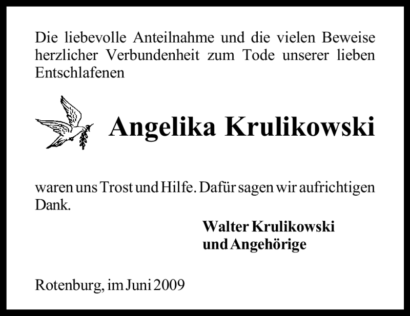  Traueranzeige für Angelika Krulikowski vom 13.06.2009 aus KREISZEITUNG SYKE