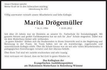 Traueranzeige von Marita Drögemüller von KREISZEITUNG SYKE