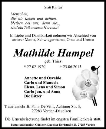 Traueranzeige von Mathilde Hampel von KRZ