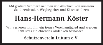 Traueranzeige von Hans-Hermann Köster von KRZ