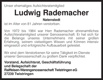 Traueranzeige von Ludwig Rademacher von KREISZEITUNG SYKE