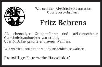 Traueranzeige von Fritz Behrens von KREISZEITUNG SYKE