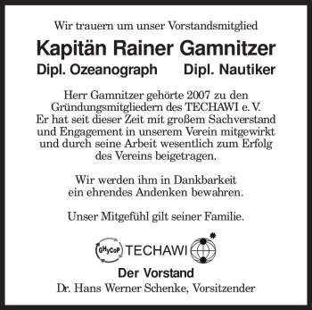 Traueranzeige von Rainer Gamnitzer von KREISZEITUNG SYKE