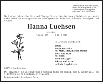 Traueranzeige von Hanna Luehsen von KREISZEITUNG SYKE