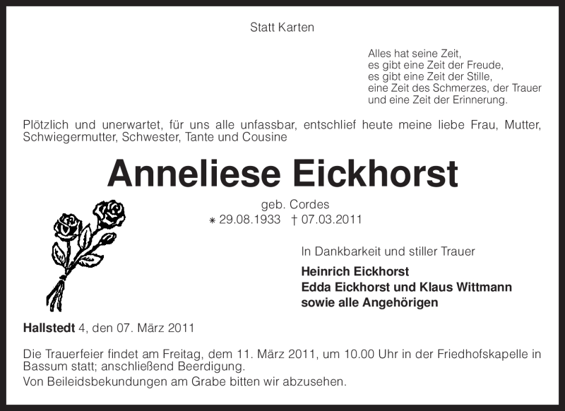  Traueranzeige für Anneliese Eickhorst vom 08.03.2011 aus KREISZEITUNG SYKE