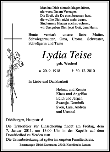 Traueranzeige von Lydia Teise von KREISZEITUNG SYKE