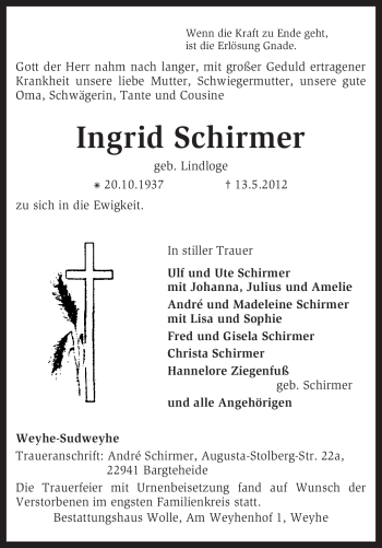 Traueranzeige von Ingrid Schirmer von KREISZEITUNG SYKE