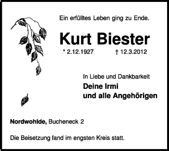 Traueranzeige von Kurt Biester von KREISZEITUNG SYKE