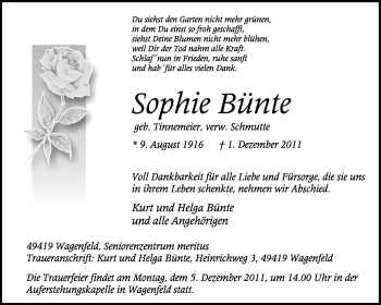 Traueranzeige von Sophie Bünte von KREISZEITUNG SYKE