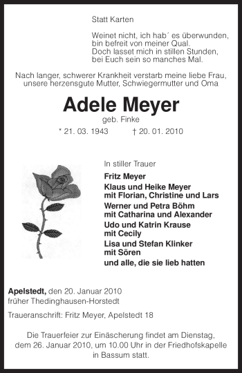 Traueranzeige von Adele Meyer von KREISZEITUNG SYKE