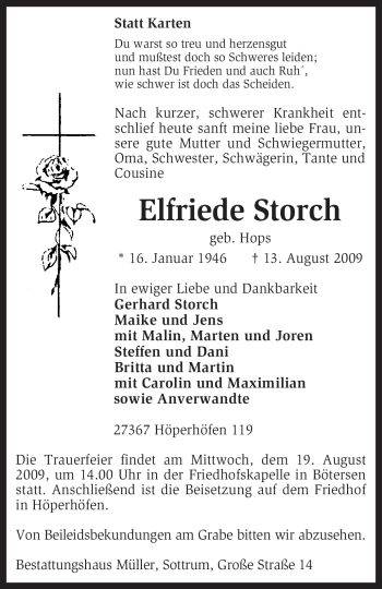 Traueranzeige von Elfriede Storch von KREISZEITUNG SYKE