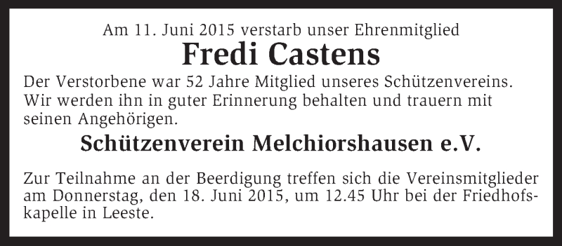  Traueranzeige für Fredi Castens vom 16.06.2015 aus KRZ