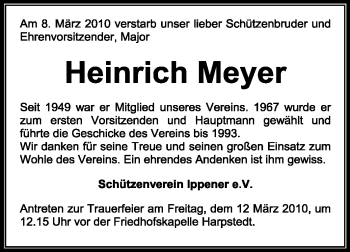 Traueranzeige von Heinrich Meyer von KREISZEITUNG SYKE