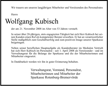 Traueranzeige von Wolfgang Kubisch von KREISZEITUNG SYKE