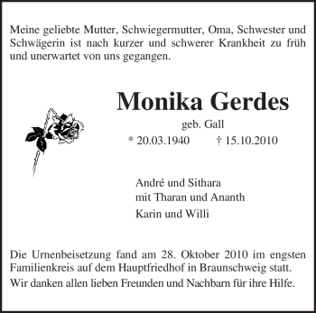 Traueranzeige von Monika Gerdes von KREISZEITUNG SYKE