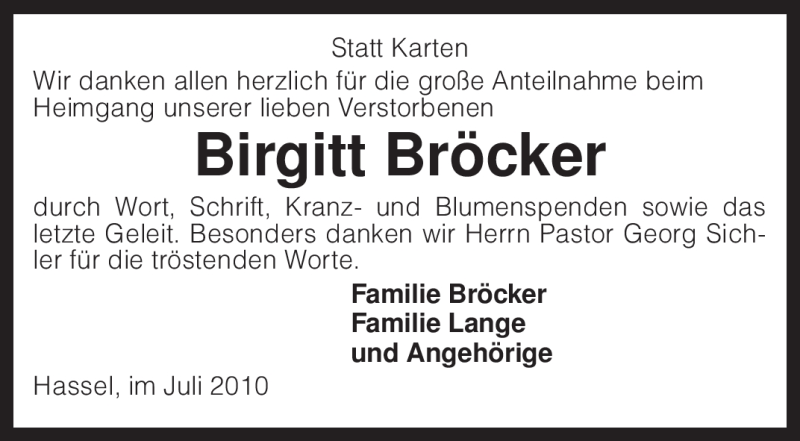  Traueranzeige für Birgitt Bröcker vom 24.07.2010 aus KREISZEITUNG SYKE