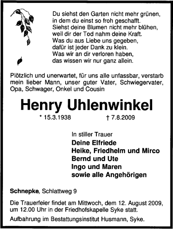 Traueranzeige von Henry Uhlenwinkel von KREISZEITUNG SYKE