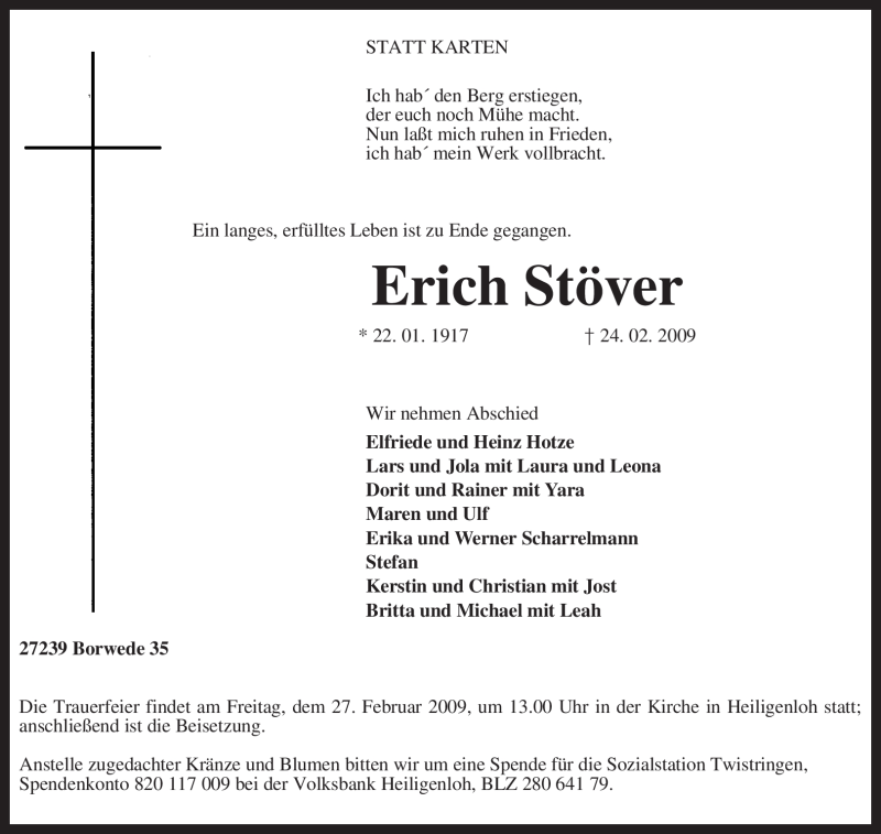  Traueranzeige für Erich Stöver vom 25.02.2009 aus KREISZEITUNG SYKE