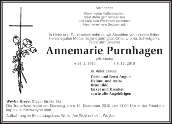 Traueranzeige von Annemarie Purnhagen von KREISZEITUNG SYKE