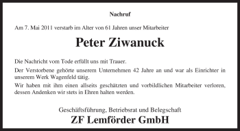 Traueranzeige von Peter Ziwanuck von KREISZEITUNG SYKE