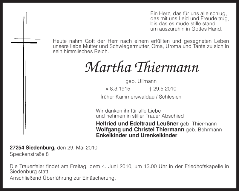  Traueranzeige für Martha Thiermann vom 01.06.2010 aus KREISZEITUNG SYKE