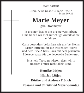 Traueranzeige von Marie Meyer von KREISZEITUNG SYKE