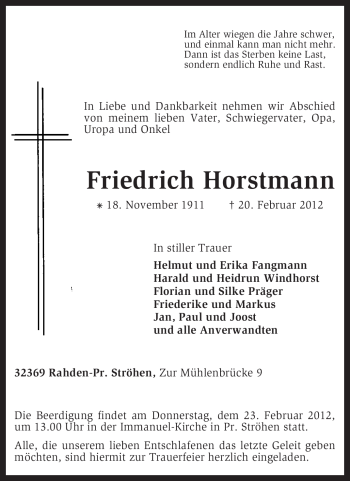 Traueranzeige von Friedrich Horstmann von KREISZEITUNG SYKE