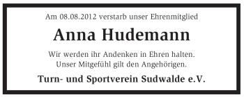 Traueranzeige von Anna Hudemann von KREISZEITUNG SYKE